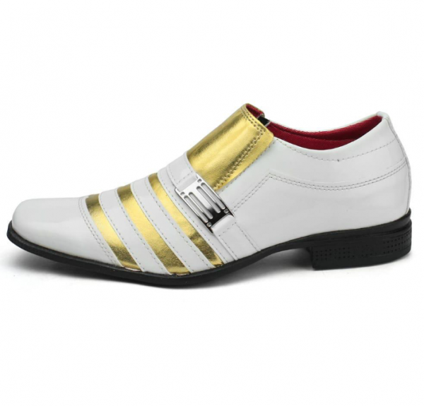 Sapato Social Confort Luxo Verniz Branco/Dourado