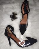 Scarpin Preto Vinil Blogueira Bico Fino Salto 7 cm