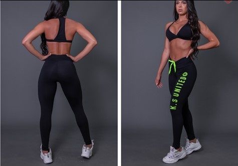 CALÇA LEGGING FITNESS COM CADARÇO E SILK KS UNITED (PRETO / VERDE FLUOR) | REF: K2582-C