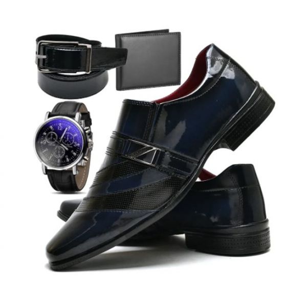 Kit 4x1 Sapato Masculino Preto Verniz + Cinto+ Carteira + Relógio Dubuy Brinde