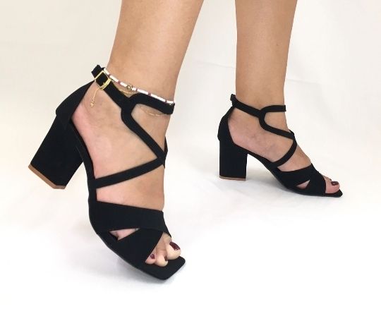 Sandália Feminina Preta Camurçada Salto 7 cm