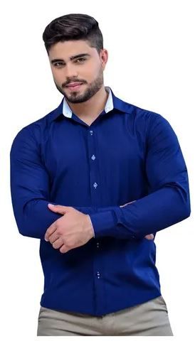 Camisa Social Lisa Slim Adulto Azul Escuro