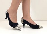 Scarpin Tecido Preto/Branco Salto 7 cm