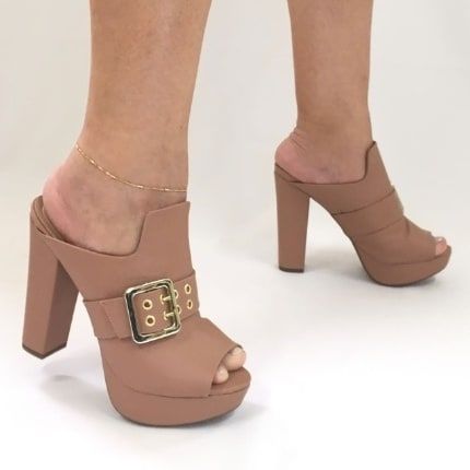 Sandália Tamanco Nude Fosco Courino Salto 12 cm